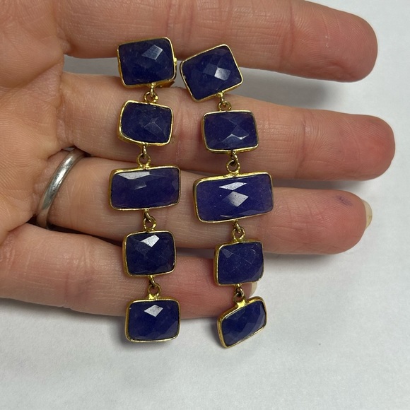 Yellow Sterling Silver Blue Agate CZ Stone Drop Earrings Sample - Picture 4 of 4